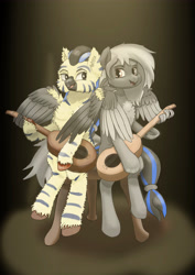 Size: 3508x4961 | Tagged: safe, artist:nergo, pegasus, pony, fallout equestria, black, black sclera, chair, demina, duo, female, guitar, mare, music, musical instrument, singing, spotlight, stage, yellow eyes