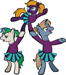Size: 1920x2166 | Tagged: safe, artist:alexdti, oc, oc only, oc:brainstorm (alexdti), oc:purple creativity, oc:star logic, pegasus, pony, unicorn, bipedal, blushing, cheerleader, cheerleader outfit, clothes, female, glasses, high res, hooves, horn, lidded eyes, male, mare, open mouth, open smile, pegasus oc, simple background, smiling, stallion, standing, standing on two hooves, transparent background, two toned mane, underhoof, unicorn oc