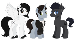 Size: 3148x1683 | Tagged: safe, artist:dyonys, oc, oc:black veil, oc:ice nine, oc:motionless white, bat pony, earth bat pony, earth pony, hybrid, pegasus, pony, unicorn, accessory, andy biersack, black veil brides, chris cerulli, clothes, ear piercing, emo, hoof polish, ice nine kills, jacket, leather, leather jacket, male, motionless in white, piercing, shirt, simple background, spencer charnas, stallion, transparent background, trio