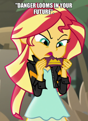 Size: 500x690 | Tagged: safe, edit, edited screencap, screencap, sunset shimmer, human, equestria girls, equestria girls specials, g4, my little pony equestria girls: movie magic, caption, image macro, jackie chan adventures, solo, text