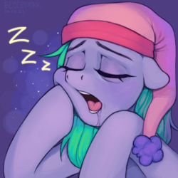 Size: 3000x3000 | Tagged: safe, artist:bloodymrr, oc, oc only, oc:djsleepyhooves, earth pony, pony, drool, drool on face, eyes closed, female, hat, high res, nightcap, onomatopoeia, open mouth, sleeping, snoring, solo, sound effects, zzz