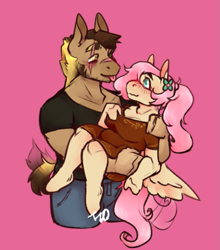 Size: 663x752 | Tagged: safe, artist:tyotheartist1, fluttershy, oc, oc:royal ranks, anthro, g4, :p, anthro oc, canon x oc, carrying, chubby, holding, shipping, tongue out