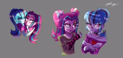 Size: 2048x978 | Tagged: safe, artist:frezzzypop, aria blaze, sonata dusk, human, equestria girls, g4, duo, female, gray background, hug, simple background