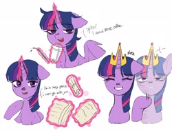 Size: 2048x1607 | Tagged: safe, artist:shagin_, twilight sparkle, alicorn, pony, g4, coffee, crown, cup, drinking straw, female, floppy ears, glowing, glowing horn, horn, jewelry, mare, paper, regalia, scroll, simple background, solo, tired, twilight sparkle (alicorn), white background
