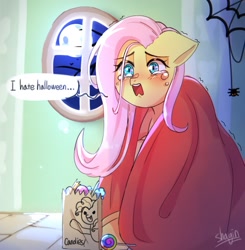 Size: 1354x1383 | Tagged: safe, artist:shagin_, fluttershy, pegasus, pony, g4, bag, blanket, candy, candy bag, crying, dialogue, female, food, halloween, holiday, indoors, lollipop, night, open mouth, paper bag, scared, shivering, solo, speech bubble, stray strand, teary eyes