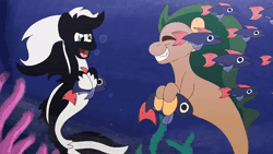 Size: 1920x1080 | Tagged: safe, artist:euspuche, oc, oc only, oc:seaweed blitz, oc:zenawa skunkpony, fish, hybrid, seapony (g4), skunk, skunk pony, :o, animated, bubble, countershading, cute, dating, dorsal fin, eating, fins, fish tail, flowing mane, flowing tail, food, gay, licking, licking lips, looking at each other, looking at someone, male, ocean, open mouth, open smile, pale belly, ponies eating meat, ponies eating seafood, seafood, seaponified, seaquestria, smiling, smiling at each other, species swap, stallion, swallowing, swimming, tail, teeth, tongue out, underwater, water, webm