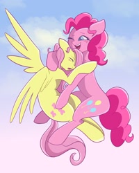 Size: 1637x2048 | Tagged: safe, artist:twilightsparkee, fluttershy, pinkie pie, earth pony, pegasus, pony, g4, blushing, cheering up, duo, eyes closed, female, hug, mare, one eye closed, open mouth, open smile, sky background, smiling, spread wings, wings
