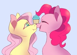 Size: 1331x949 | Tagged: safe, artist:twilightsparkee, fluttershy, pinkie pie, earth pony, pegasus, pony, g4, balancing, boop, bust, cupcake, duo, eyes closed, female, food, lesbian, looking at something, mare, no pupils, nose wrinkle, noseboop, open mouth, open smile, ponies balancing stuff on their nose, profile, ship:flutterpie, shipping, simple background, smiling