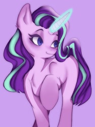 Size: 1536x2048 | Tagged: safe, artist:twilightsparkee, starlight glimmer, pony, unicorn, g4, female, glowing, glowing horn, horn, purple background, simple background, solo