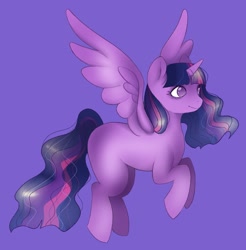 Size: 1749x1777 | Tagged: safe, artist:twilightsparkee, twilight sparkle, alicorn, pony, g4, female, flying, mare, missing cutie mark, purple background, simple background, solo, spread wings, twilight sparkle (alicorn), wings