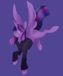 Size: 1671x2010 | Tagged: safe, artist:twilightsparkee, twilight sparkle, alicorn, pony, g4, clothes, female, flying, horn, looking at you, mare, missing cutie mark, purple background, simple background, smiling, solo, spread wings, sweater, twilight sparkle (alicorn), wings