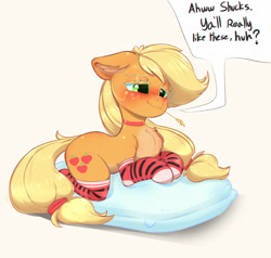 Size: 1000x952 | Tagged: safe, artist:inkypuso, applejack, earth pony, pony, g4, blushing, chest fluff, choker, chromatic aberration, clothes, cute, female, freckles, jackabetes, lying down, mare, pillow, prone, simple background, socks, solo, stockings, straw in mouth, striped socks, thigh highs, white background