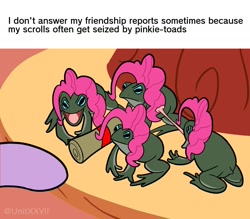 Size: 1200x1050 | Tagged: safe, artist:unitxxvii, pinkie pie, twilight sparkle, pony, toad, g4, butt, context is for the weak, female, meme, meme origin, multeity, tongue out, too much pink energy is dangerous, wat