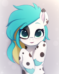 Size: 2000x2500 | Tagged: safe, artist:luminousdazzle, oc, oc only, unnamed oc, earth pony, pony, appaloosa, coat markings, colored eartips, colored eyebrows, colored hooves, colored pinnae, cute, earth pony oc, eye clipping through hair, female, hair over one eye, half body, high res, hooves to the chest, long mane, looking at you, lying down, mare, ocbetes, on back, smiling, smiling at you, solo, spots, two toned mane, unshorn fetlocks