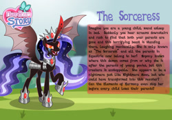 Size: 1280x893 | Tagged: safe, artist:aleximusprime, cozy glow, oc, oc only, oc:the sorceress, alicorn, pony, flurry heart's story, g4, alicorn oc, armor, bat wings, bio, crown, evil, fangs, female, half note (cozy glow), horn, jewelry, mare, nightmare cozy glow, nightmarified, oc villain, open mouth, red eyes, red horn, regalia, smiling, solo, spread wings, story included, wings