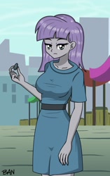 Size: 1353x2160 | Tagged: safe, artist:banquo0, boulder (g4), maud pie, human, equestria girls, g4, my little pony: friendship is magic, the gift of the maud pie, breasts, busty maud pie, clothes, dress, female, looking at you, manehattan, rock, solo