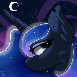 Size: 1000x1000 | Tagged: safe, artist:starcasteclipse, princess luna, alicorn, pony, g4, animated, beautiful, blinking, blue eyes, bust, crown, ethereal mane, eye contact, female, galaxy, galaxy mane, gif, horn, jewelry, looking at each other, looking at someone, looking at something, looking at you, mare, moon, night, night sky, one eye closed, pony ears, regalia, sky, smiling, smiling at you, solo, stars, wink, winking at you