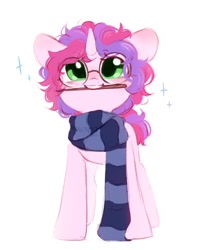 Size: 793x1004 | Tagged: safe, artist:melodylibris, oc, oc only, oc:melody (melodylibris), pony, unicorn, clothes, female, glasses, harry potter (series), horn, magic wand, mare, mouth hold, round glasses, scarf, simple background, smiling, solo, sparkles, standing, striped scarf, unicorn oc, wand, white background