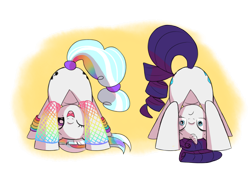 Size: 3261x2258 | Tagged: safe, rarity, oc, earth pony, unicorn, butt, clothes, downward dog, duo, duo female, earth pony oc, exercise, face down ass up, female, leggings, looking at you, one eye closed, plot, rearity, shocked, shocked expression, simple background, smiling, transparent background, wink, yoga