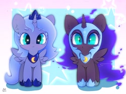 Size: 4000x3000 | Tagged: safe, artist:zokkili, nightmare moon, princess luna, alicorn, pony, g4, cute, duality, duo, duo female, ear fluff, female, filly, heart, heart eyes, high res, horn, looking at you, lunabetes, moonabetes, nightmare woon, smiling, spread wings, weapons-grade cute, wingding eyes, wings, woona, younger