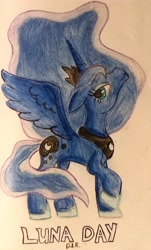 Size: 1682x2794 | Tagged: safe, artist:gracefulart693, princess luna, alicorn, pony, g4, female, hoof shoes, mare, peytral, raised hoof, solo, traditional art