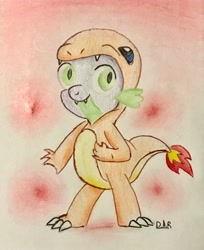 Size: 2929x3589 | Tagged: safe, artist:gracefulart693, spike, charmander, dragon, g4, abstract background, clothes, costume, cute, high res, kigurumi, male, pokémon, signature, solo, spikabetes, traditional art