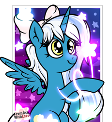 Size: 1748x1890 | Tagged: safe, artist:loverashley, oc, oc only, oc:fleurbelle, alicorn, pony, alicorn oc, bow, commission, eyelashes, female, hair bow, horn, mare, simple background, smiling, solo, stars, transparent background, wings, ych result