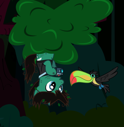 Size: 2012x2059 | Tagged: safe, artist:lightningbolt, derpibooru exclusive, bird, earth pony, keel-billed toucan, pony, toucan, g4, .svg available, beak, bring me the horizon, camera, clothes, hanging, hanging upside down, high res, hoof hold, leaves, male, messy mane, messy tail, open mouth, outdoors, photography, ponified, shirt, show accurate, solo, spread wings, stallion, svg, t-shirt, tail, tom sykes, tree, upside down, vector, wings