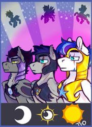 Size: 489x676 | Tagged: safe, artist:tyotheartist1, oc, oc:blue crest, oc:marine crescent, oc:orion snow, bat pony, pegasus, pony, detailed background, night guard, poster, poster parody, royal guard