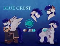 Size: 630x478 | Tagged: safe, artist:ghastlyexists, oc, oc only, oc:blue crest, pegasus, pony, amputee, artificial wings, augmented, enclave, enclave uniform, eye scar, facial scar, flustered, male, metal wing, pegasus oc, prosthetic limb, prosthetic wing, prosthetics, reference sheet, scar, uniform, wings