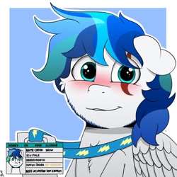 Size: 676x676 | Tagged: safe, artist:h3nger, oc, oc only, oc:orion snow, pegasus, pony, blushing, eye scar, facial scar, horny on main, id card, implied shipping, implied spitfire, pegasus oc, scar, simple background