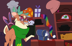 Size: 2700x1718 | Tagged: safe, artist:nonameorous, cashmere (tfh), deer, reindeer, them's fightin' herds, arrow, box, bunny ears, cap, cap'n'cash's, cheese, chef's hat, clothes, cloven hooves, coat markings, community related, facial markings, fedora, female, food, glasses, gradient hooves, hat, mushroom, present, raised hoof, red eyes, salt, scarf, shelf, smiling, solo, star (coat marking)