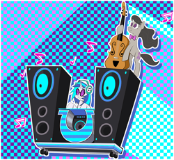 Size: 5700x5250 | Tagged: safe, artist:nonameorous, dj pon-3, octavia melody, vinyl scratch, earth pony, pony, unicorn, g4, season 5, slice of life (episode), absurd resolution, bipedal, bowtie, cello, checkered background, duo, female, headphones, mare, musical instrument, notes, smiling, speaker, violin, wubcart