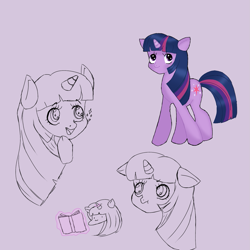 Size: 1339x1339 | Tagged: safe, anonymous artist, twilight sparkle, pony, unicorn, g4, :3, :t, book, floppy ears, multeity, open mouth, pouting, simple background, sketch, sparkles, unicorn twilight