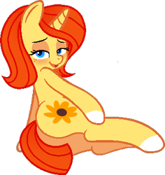 Size: 341x361 | Tagged: safe, artist:hearlesssoul, artist:muhammad yunus, artist:stellar-ponies, oc, oc only, oc:sunflower, earth pony, pony, unicorn, adorasexy, base used, bedroom eyes, blushing, butt, cute, earth pony oc, female, horn, lidded eyes, looking at you, looking back, looking back at you, mare, medibang paint, open mouth, plot, sexy, simple background, smiling, smiling at you, solo, sultry pose, transparent background, unicorn oc