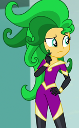 Size: 660x1072 | Tagged: safe, screencap, mane-iac, sunset shimmer, human, equestria girls, equestria girls specials, g4, movie magic, clothes, costume, cropped, solo, wig