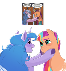 Size: 1915x2048 | Tagged: safe, artist:aztrial, idw, izzy moonbow, sunny starscout, earth pony, pony, unicorn, g5, spoiler:comic, spoiler:g5comic, spoiler:g5comic10, mane stripe sunny, screencap reference, simple background, white background