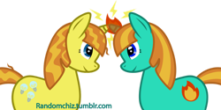 Size: 1024x513 | Tagged: safe, artist:randomchiz, electric sky, firecracker burst, pony, unicorn, g4, alternate design, alternate hair color, alternate hairstyle, duo, duo female, electricburst, female, horn, lesbian, looking at each other, looking at someone, magic, shipping, simple background, transparent background