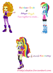 Size: 930x1284 | Tagged: safe, artist:prettycelestia, adagio dazzle, rainbow dash, oc, oc:avril harmony, human, equestria girls, g4, belt buckle, boots, clothes, eyeshadow, fusion, fusion:adagio dazzle, fusion:rainbow dash, fusion:rainbow dazz, gem, gloves, headband, high heel boots, jewelry, long socks, makeup, multicolored hair, purple eyes, rainbow hair, ring, shoes, shorts, simple background, siren gem, white background