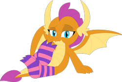 Size: 3555x2391 | Tagged: safe, artist:php170, artist:porygon2z, edit, smolder, dragon, g4, clothes, dragoness, feet, female, high res, horn, looking at you, simple background, smiling, smiling at you, sock fetish, socks, solo, striped socks, stupid sexy smolder, teenaged dragon, transparent background, vector, wings