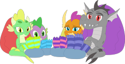Size: 3575x1848 | Tagged: safe, artist:php170, artist:porygon2z, edit, editor:ponygamer2020, smolder, spike, oc, oc:draco axel, oc:jade, dragon, g4, clothes, dragon oc, dragoness, feet, female, group, looking at you, male, non-pony oc, pillow, quartet, simple background, smiling, smiling at you, sock fetish, socks, striped socks, teenaged dragon, transparent background, vector