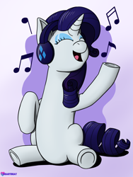 Size: 1500x1995 | Tagged: safe, artist:passionpanther, part of a set, rarity, pony, unicorn, series:ponies with headphones, g4, cute, cutie mark accessory, eyes closed, female, headphones, mare, music notes, open mouth, open smile, raribetes, singing, sitting, smiling, solo, underhoof