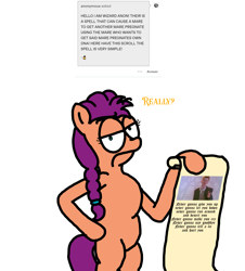 Size: 3023x3351 | Tagged: safe, artist:professorventurer, sunny starscout, earth pony, pony, series:ask pippamena, g5, bipedal, braid, braided ponytail, female, high res, hoof on hip, mare, ponytail, rick astley, rickroll, scroll, solo, sunny starscout is not amused, unamused