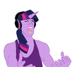 Size: 800x746 | Tagged: safe, twilight sparkle, anthro, g4, clothes, eyes closed, headphones, meme, open mouth, ponified meme, simple background, solo, tank top, white background, yelling