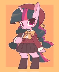 Size: 1682x2048 | Tagged: safe, artist:cheesesauce_45, twilight sparkle, unicorn, semi-anthro, g4, alternate hairstyle, arm hooves, bow, clothes, cute, female, filly, filly twilight sparkle, pigtails, school uniform, smiling, solo, twiabetes, twintails, unicorn twilight, younger