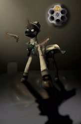 Size: 2008x3071 | Tagged: safe, artist:nergo, oc, pony, undead, unicorn, zombie, clothes, coat, glyph, grin, gun, high res, injured, knife, magic, mask, smiling, telekinesis, weapon