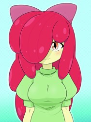 Size: 1668x2224 | Tagged: safe, artist:batipin, apple bloom, human, equestria girls, g4, breasts, busty apple bloom, female, gradient background, hair over one eye, smiling, solo