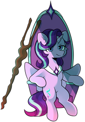 Size: 1280x1828 | Tagged: safe, artist:tater, starlight glimmer, alicorn, pony, g4, alicornified, eye clipping through hair, race swap, simple background, sitting, solo, staff, staff of sameness, starlicorn, this will end in communism, throne, transparent background, xk-class end-of-the-world scenario