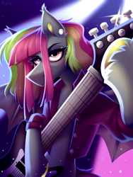 Size: 1620x2160 | Tagged: safe, artist:rtootb, oc, bat pony, pony, equestria girls, g4, guitar centered, angle, bat pony oc, bat wings, digital art, ear piercing, electric guitar, female, guitar, hooves, looking at you, mare, musical instrument, night, piercing, pink hair, pink mane, playing guitar, playing instrument, rock (music), scene, solo, standing, standing on two hooves, wings