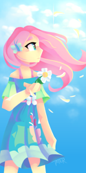 Size: 1000x2000 | Tagged: safe, artist:tater, fluttershy, human, equestria girls, g4, 2021, butterfly hairpin, clothes, dress, female, flower, fluttershy boho dress, legs, old art, petals, skirt, sky background, sleeveless, sleeveless dress, solo, windswept hair